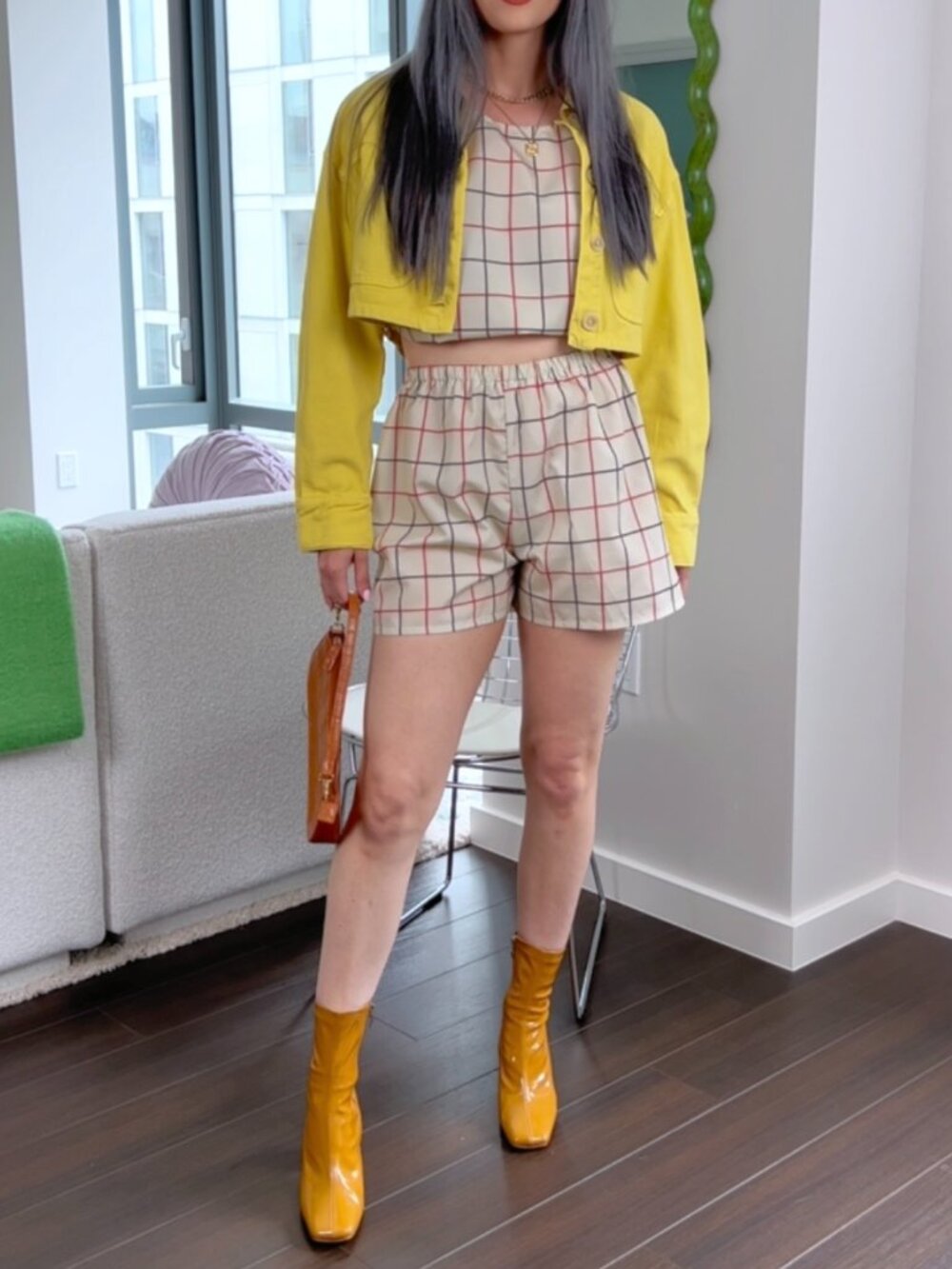 Jonathan Martin Cream Windowpane Plaid Top & Shorts Matching Set